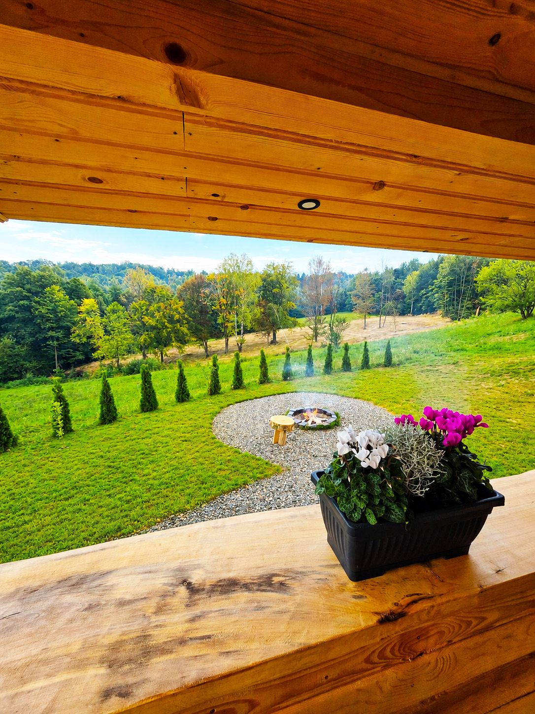 Daytime view from the cabin terrace with pink flowers on the railing