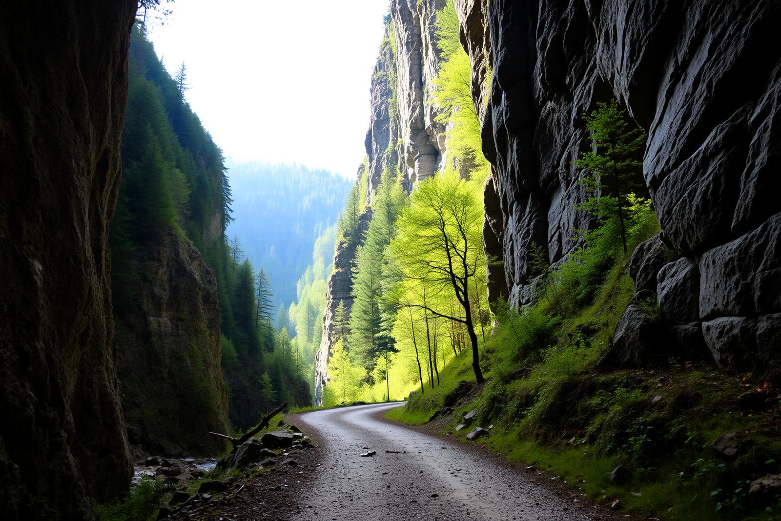 Narrow limestone walls of the Zărnești gorge with a gravel trail winding through
